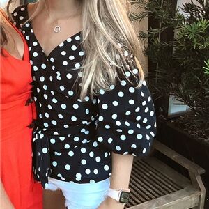 White House Black Market Black and White Polka Dot Wrap Top
